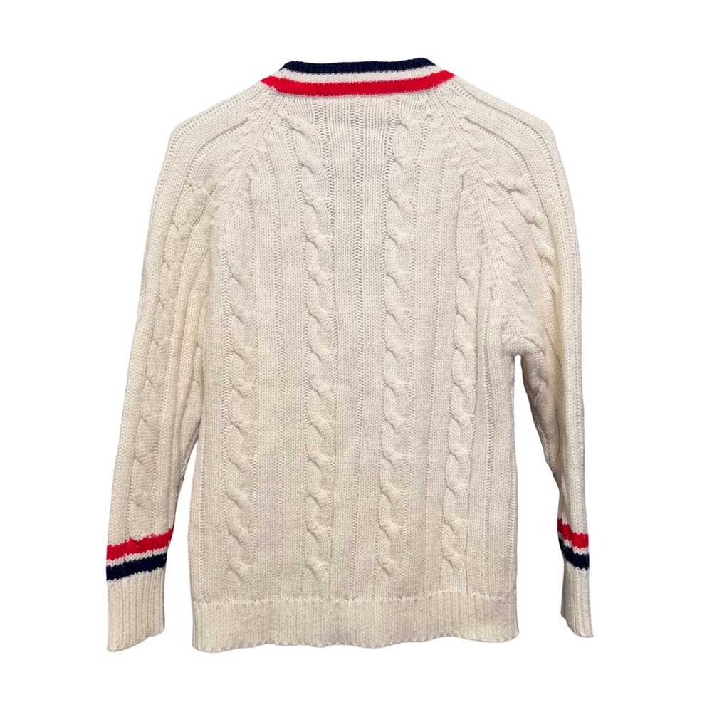 Vintage Marianne Fashions White Cable Knit Varsity Cardigan Red Blue‎ Trim Large - Picture 2 of 6